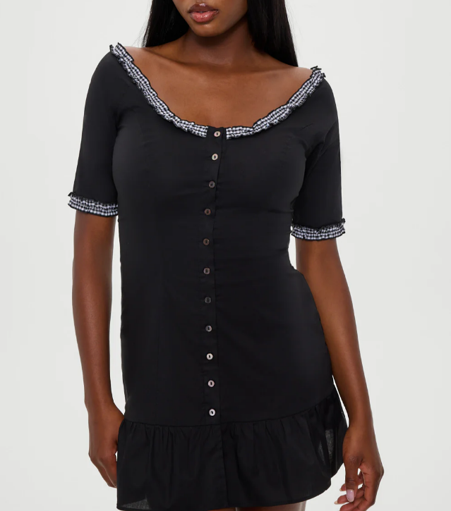 Retro off Shoulder Lace Stitching Wooden Ear Mid Sleeve Dress Single Breasted Lotus Leaf Dress