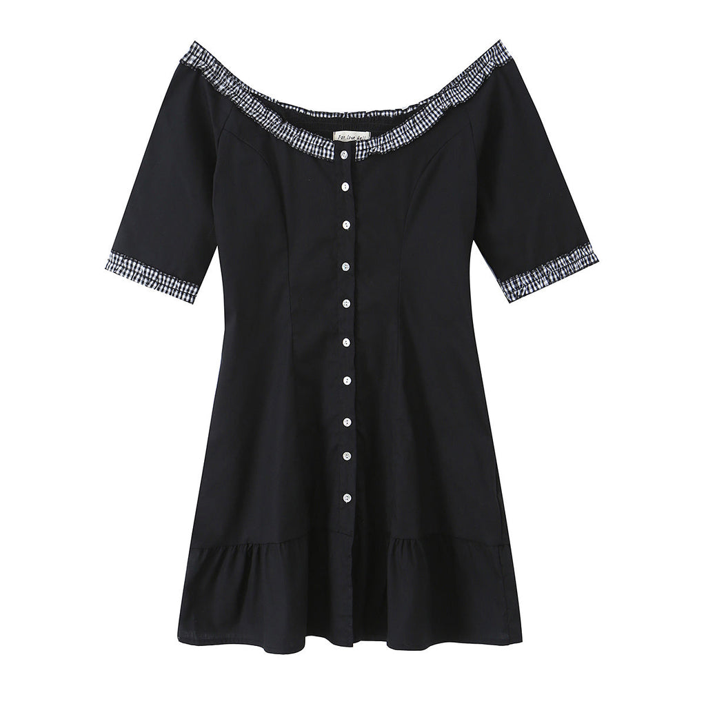Retro off Shoulder Lace Stitching Wooden Ear Mid Sleeve Dress Single Breasted Lotus Leaf Dress