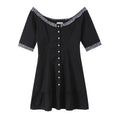 Retro off Shoulder Lace Stitching Wooden Ear Mid Sleeve Dress Single Breasted Lotus Leaf Dress