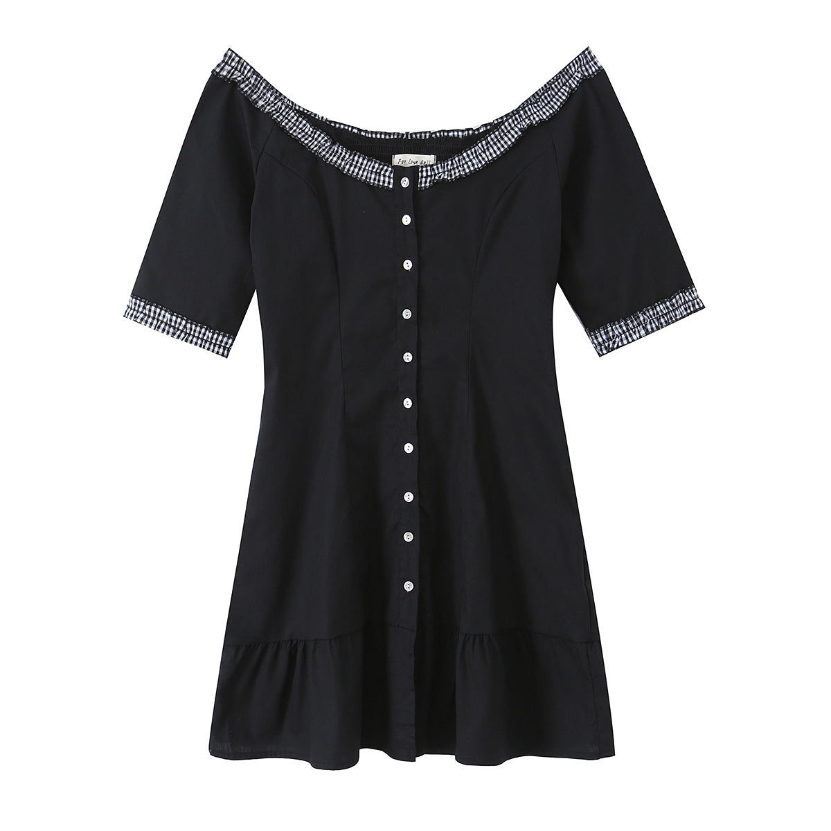 Retro off Shoulder Lace Stitching Wooden Ear Mid Sleeve Dress Single Breasted Lotus Leaf Dress