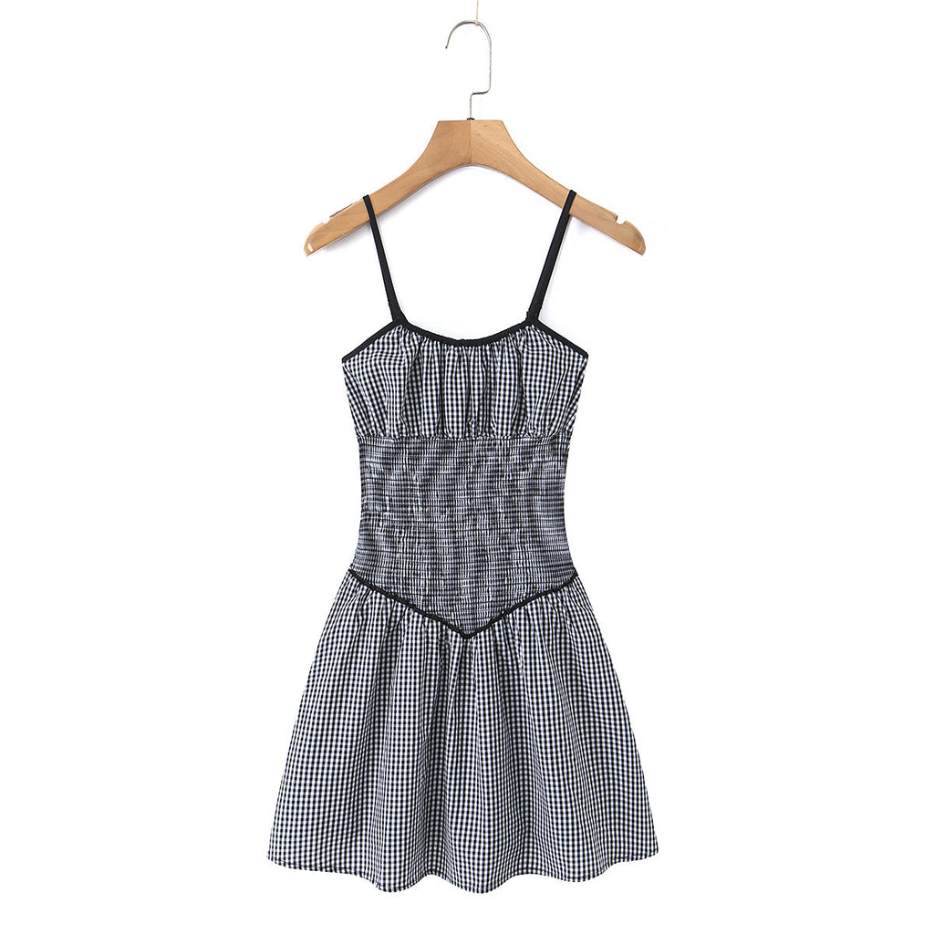 French Minority Black White Plaid Slim Fit Slimming Spaghetti Straps Dress Women Summer Small A line Dress