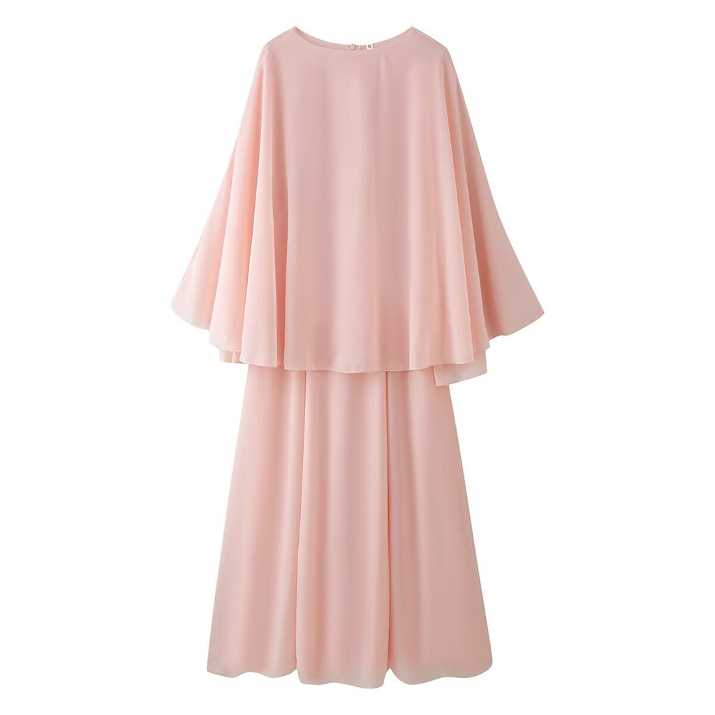 Women Summer round Neck Loose Elegant Elegant Long Sleeved Shawl Dress
