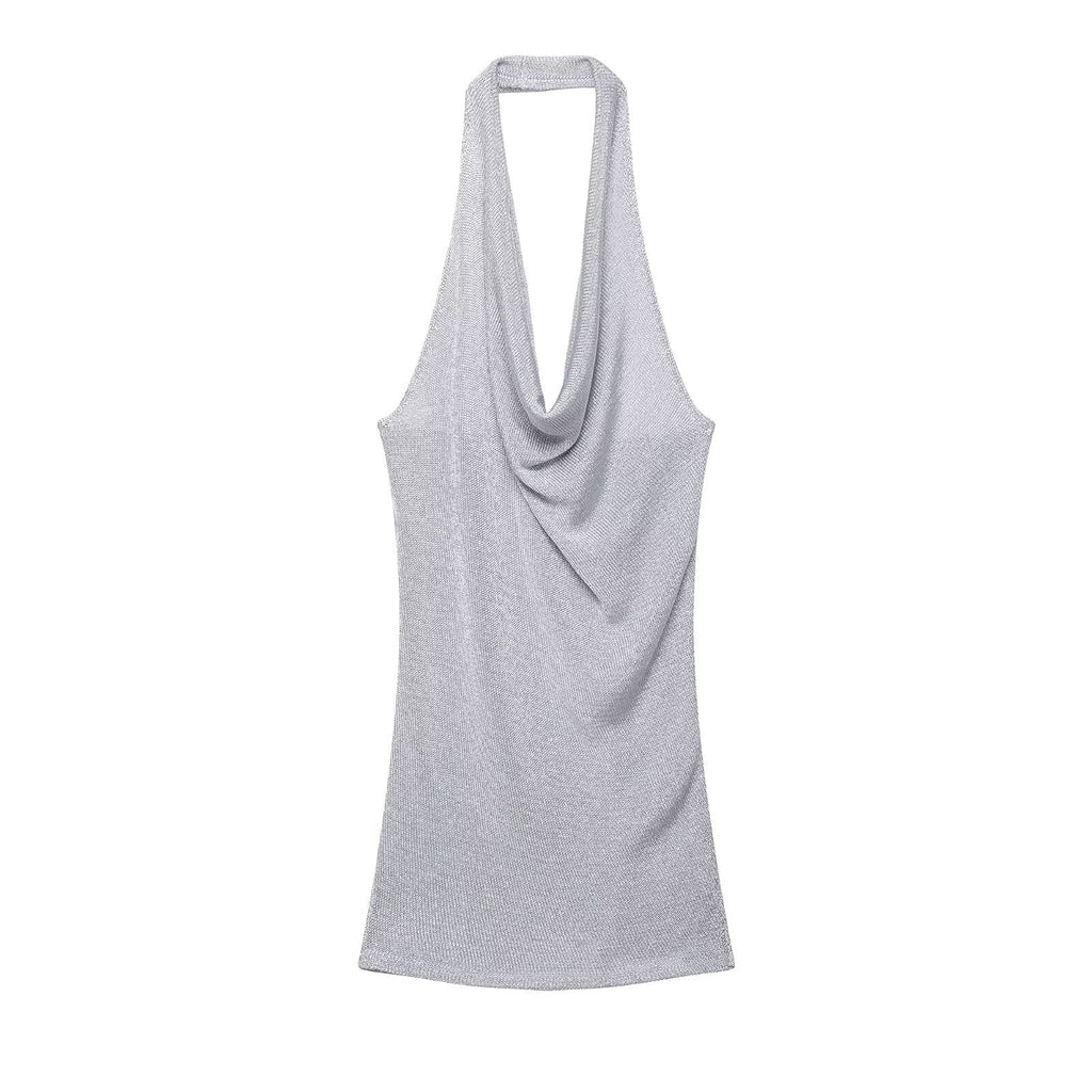 Simple Elegant Metal Color Thread Knitted Hanging Collar Dress