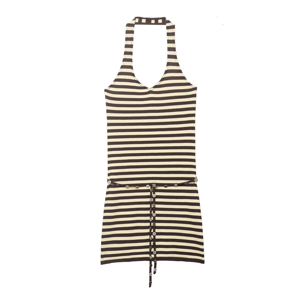 Women Clothing Summer Halter Backless Slim Sleeveless Striped Short Dress