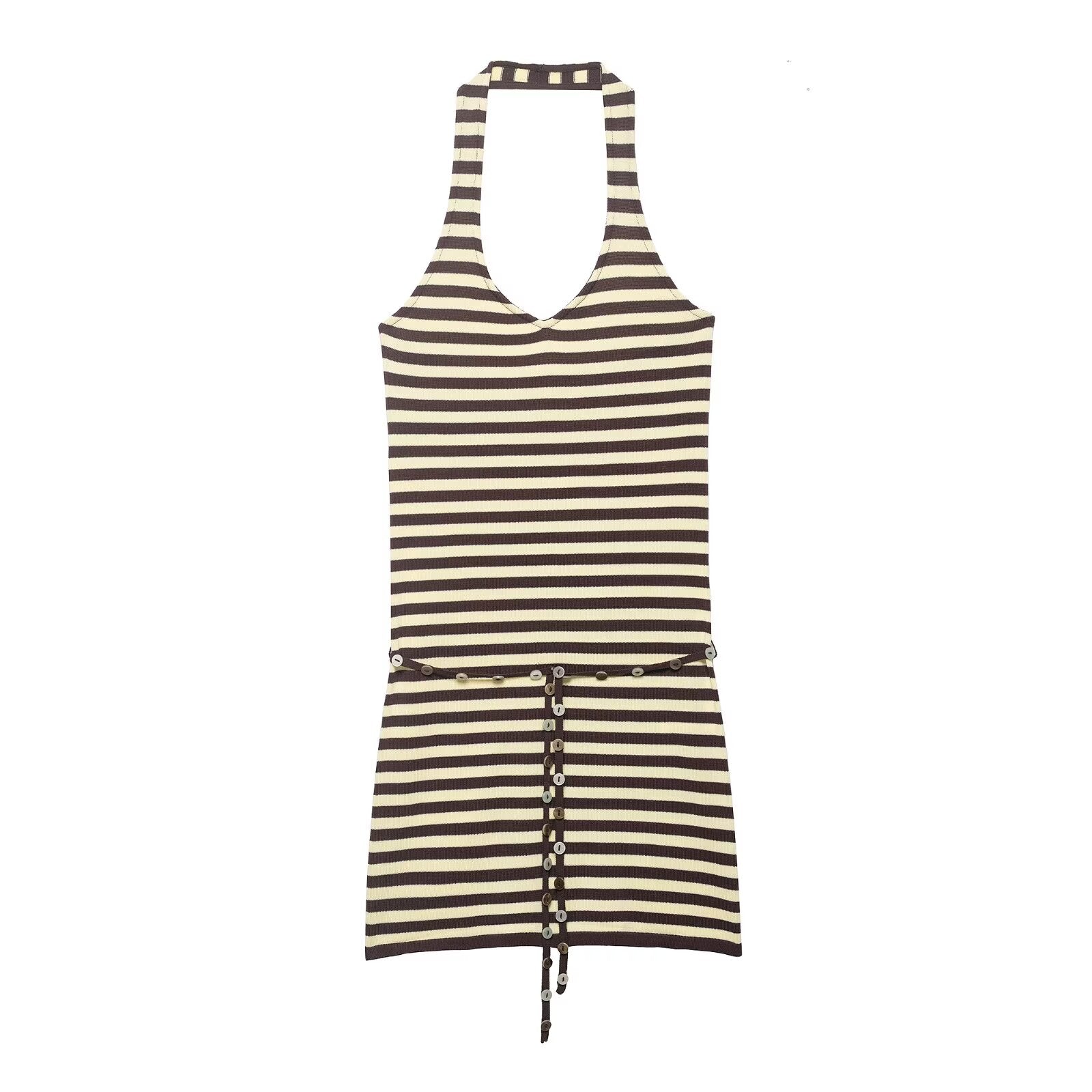 Women Clothing Summer Halter Backless Slim Sleeveless Striped Short Dress