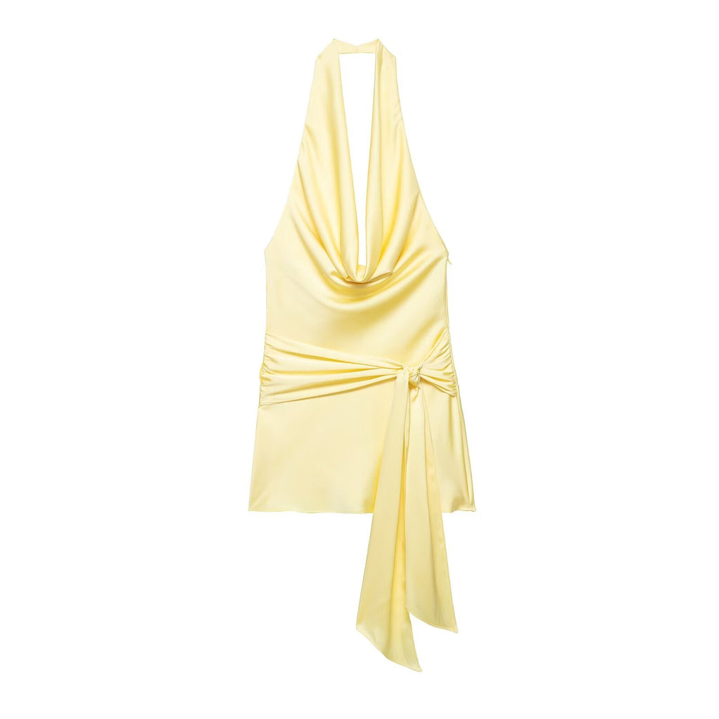 Women Clothing Halter with Belt Silk Satin Texture Mini Dress