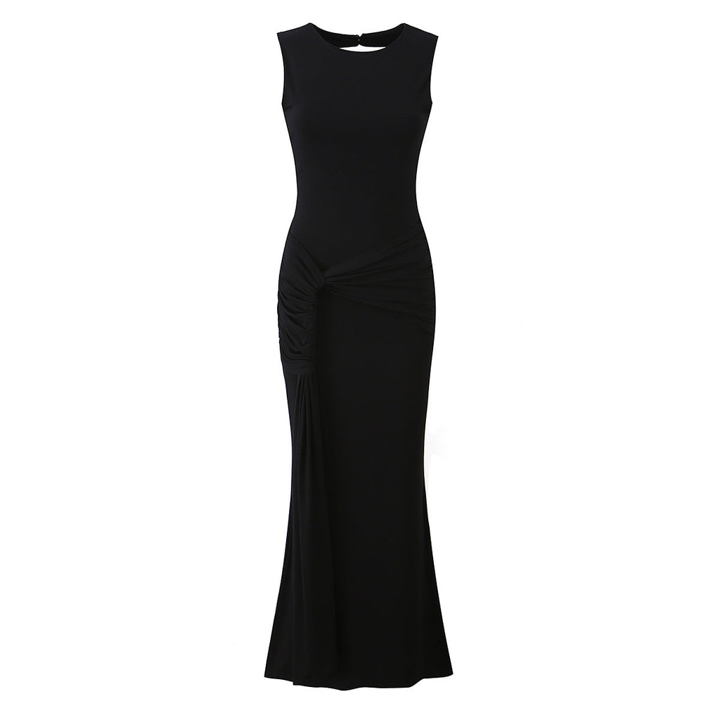 Women Clothing Summer Irregular Asymmetric Slim Fit Ruched round Neck Sleeveless Dress