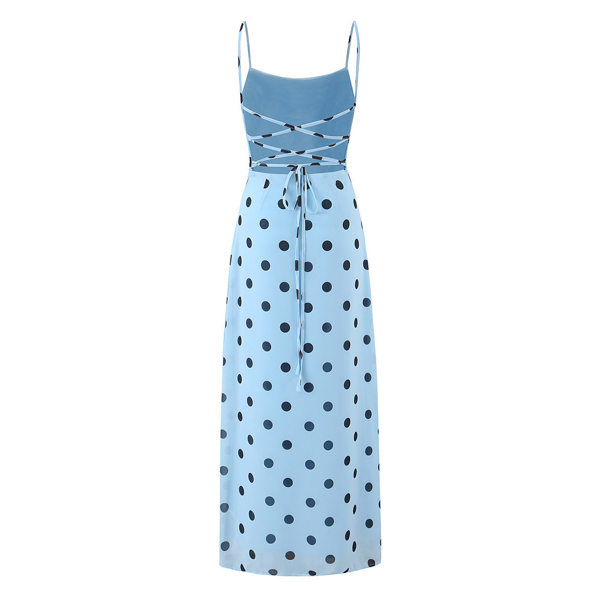Gentle Elegant Pink Polka Dot Brace Dress Women Vintage Backless Lace up Design Tight Waist Maxi Dress