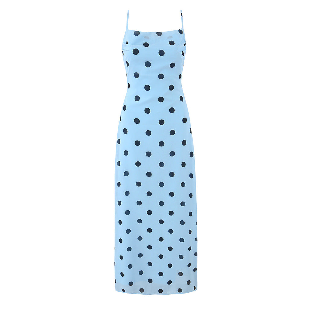Gentle Elegant Pink Polka Dot Brace Dress Women Vintage Backless Lace up Design Tight Waist Maxi Dress