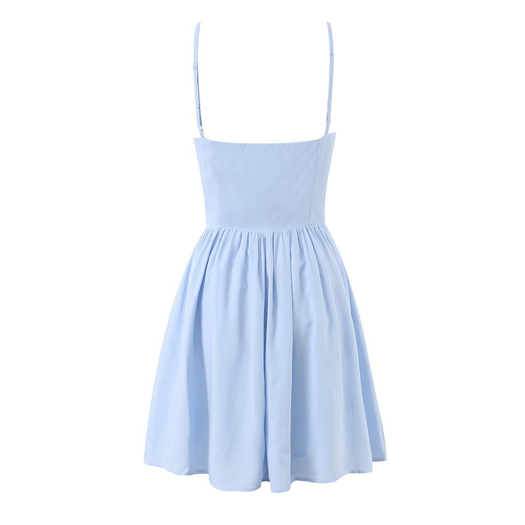 Summer Women Clothing French Elegant Sweet V neck Fitted Waist Pleated Design Solid Color Strap Dress
