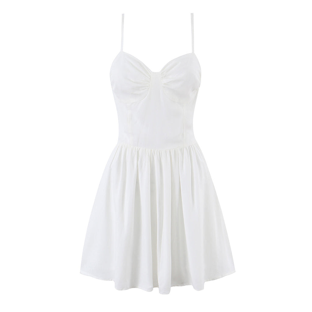 Summer Women Clothing French Elegant Sweet V neck Fitted Waist Pleated Design Solid Color Strap Dress