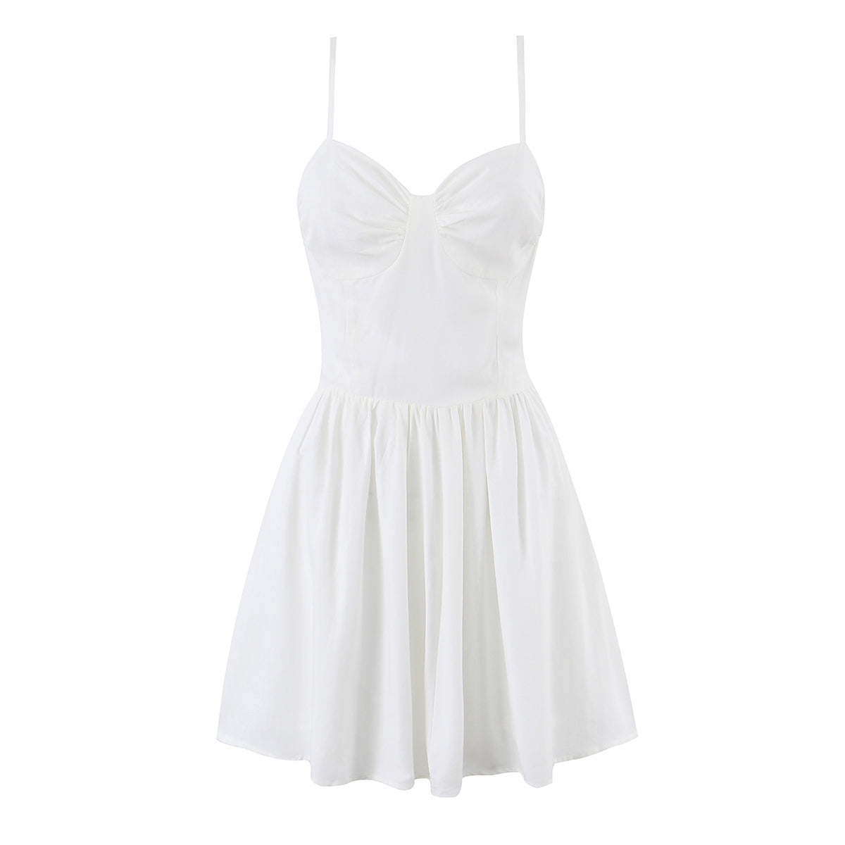 Summer Women Clothing French Elegant Sweet V neck Fitted Waist Pleated Design Solid Color Strap Dress