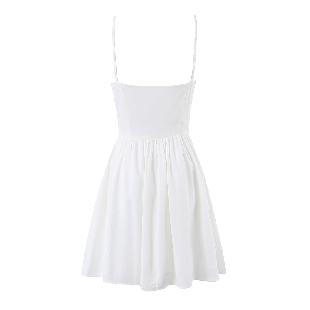 Summer Women Clothing French Elegant Sweet V neck Fitted Waist Pleated Design Solid Color Strap Dress