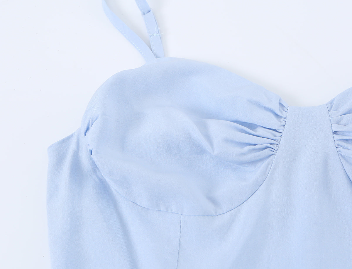 Summer Women Clothing French Elegant Sweet V neck Fitted Waist Pleated Design Solid Color Strap Dress