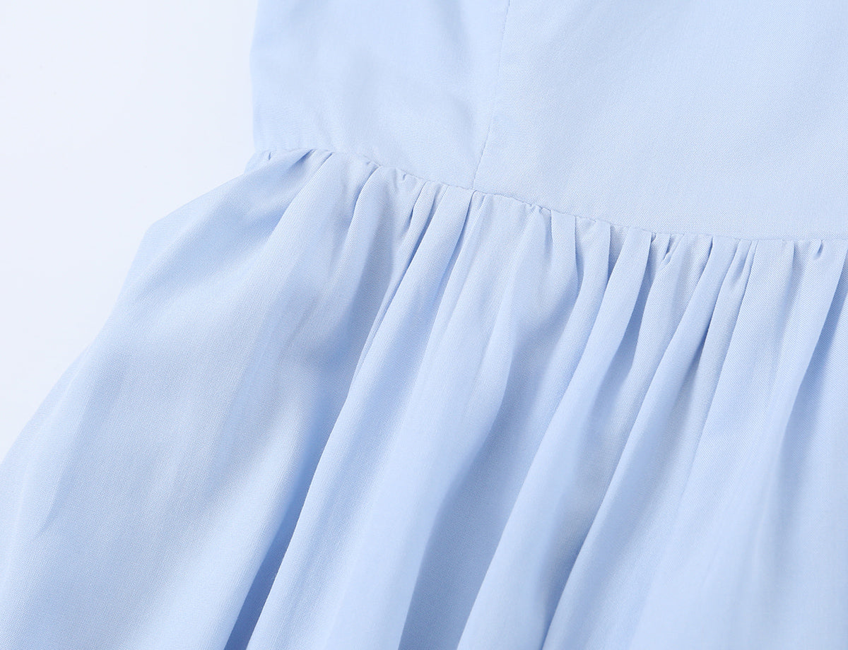 Summer Women Clothing French Elegant Sweet V neck Fitted Waist Pleated Design Solid Color Strap Dress