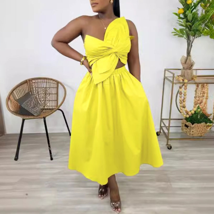 Sexy Solid Color Smocking One Shoulder Petal Hollow Out Cutout out Dress