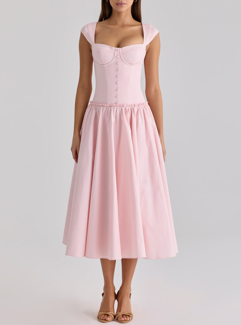 French Sweet Pink Boning Corset Strap Dress Cocktail Formal Mid Length Dress Women Summer