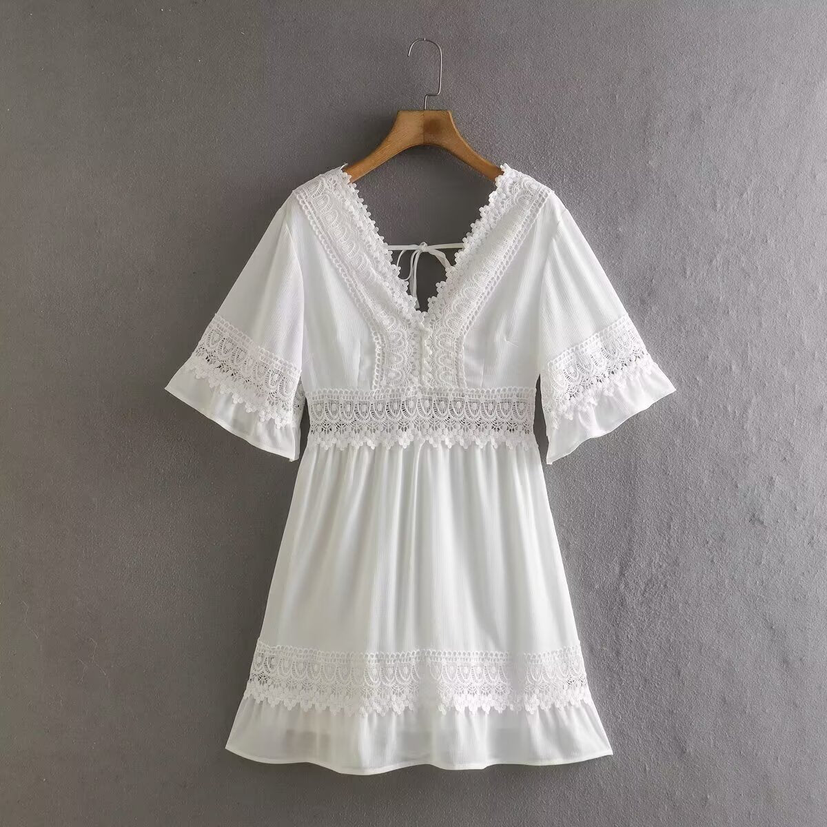 Summer Slimming Hollow Out Cutout out Stitching Bell Sleeve Short Dress