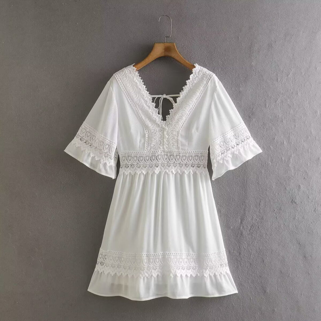 Summer Slimming Hollow Out Cutout out Stitching Bell Sleeve Short Dress