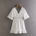 Summer Slimming Hollow Out Cutout out Stitching Bell Sleeve Short Dress