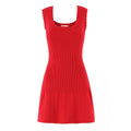 Summer Women French Sexy Bowknot Decoration Wave Edge Slim Stretch Knitted Solid Color Dress