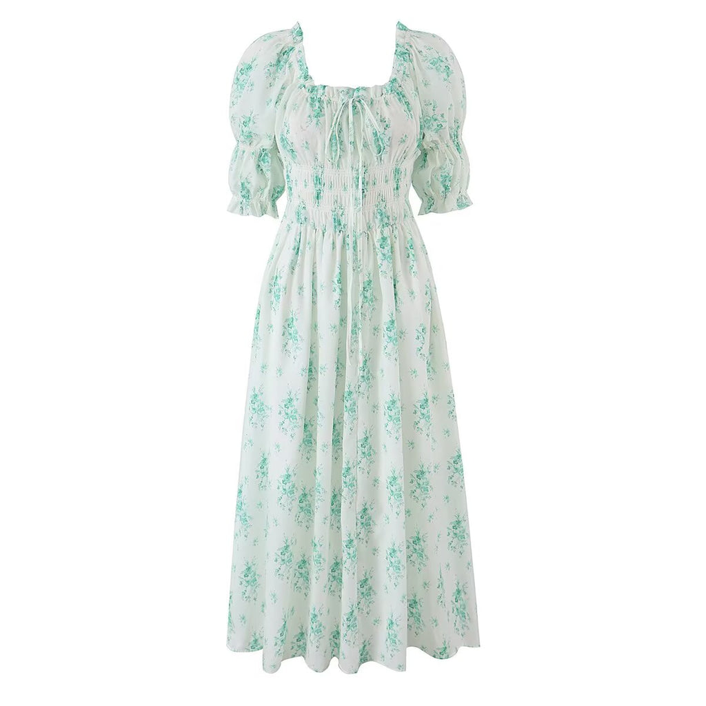 Summer Small Floral Drawstring Lace Scoop Smocking Tight Waist Dress