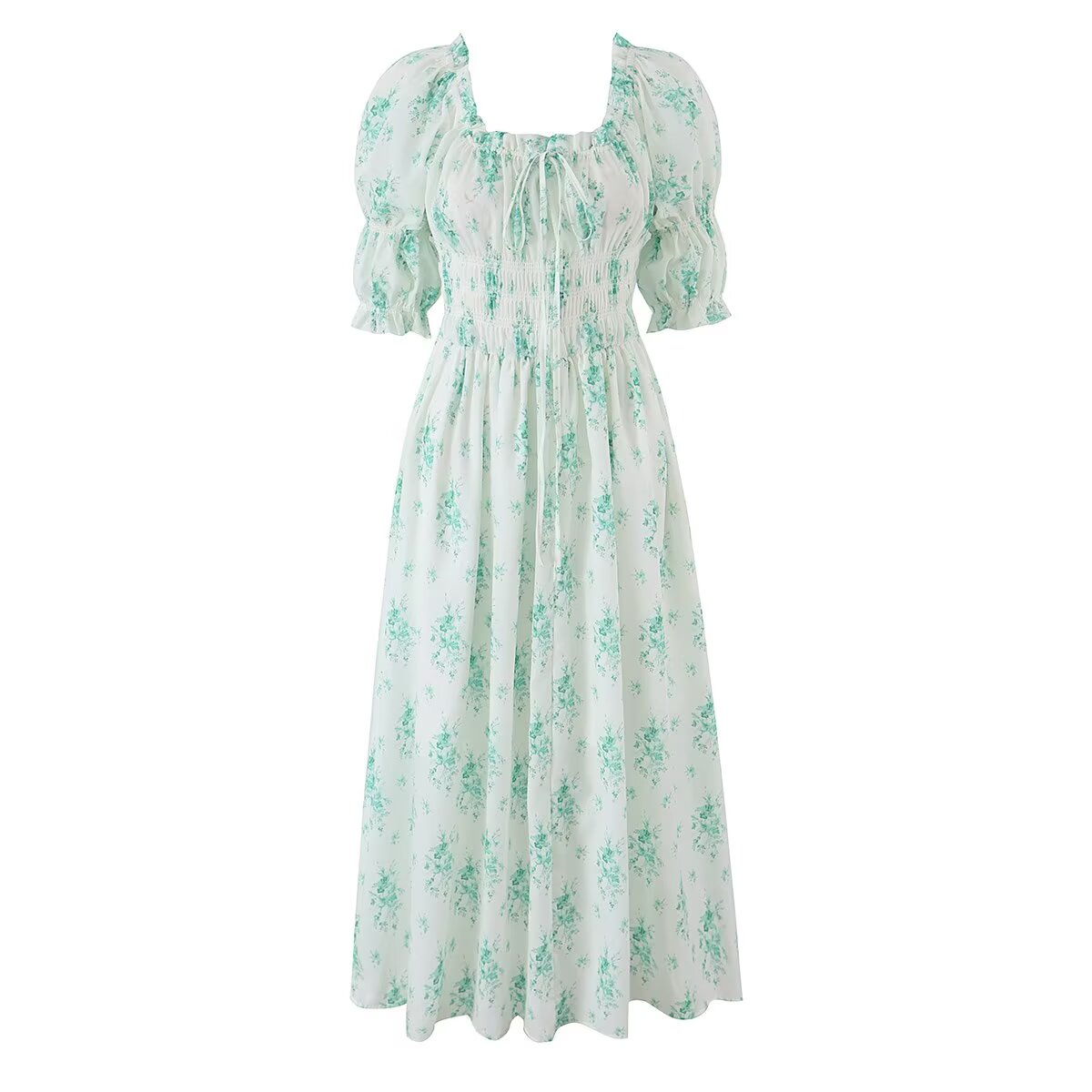 Summer Small Floral Drawstring Lace Scoop Smocking Tight Waist Dress