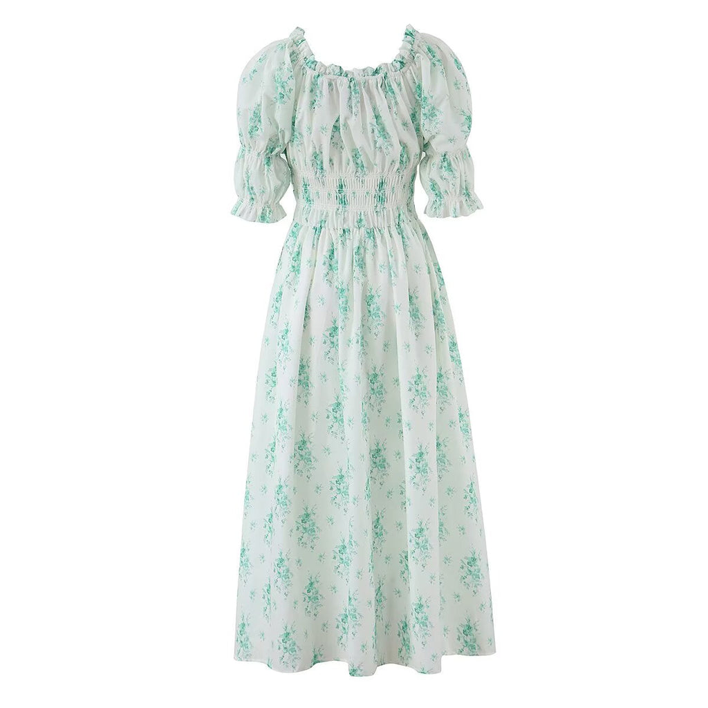 Summer Small Floral Drawstring Lace Scoop Smocking Tight Waist Dress