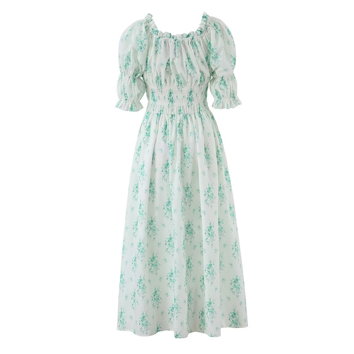 Summer Small Floral Drawstring Lace Scoop Smocking Tight Waist Dress