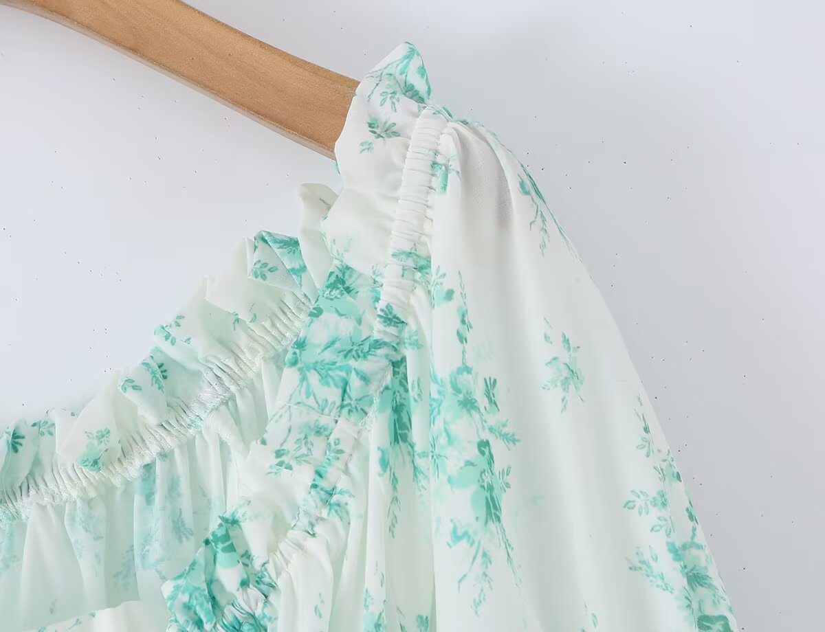 Summer Small Floral Drawstring Lace Scoop Smocking Tight Waist Dress