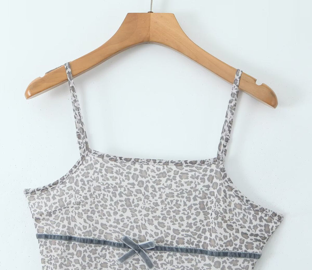Spring Women French Leopard Bow Mesh Square Collar Suspenders Short Dress