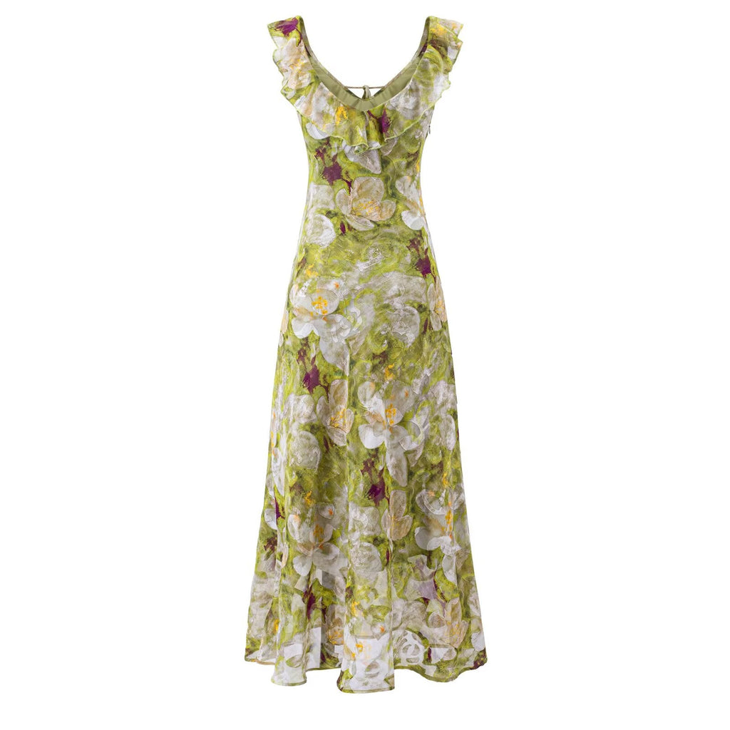 Summer Vintage Fresh Romantic Seaside Vacation Flounced Hem Floral Maxi Dress Slim Fit Dress