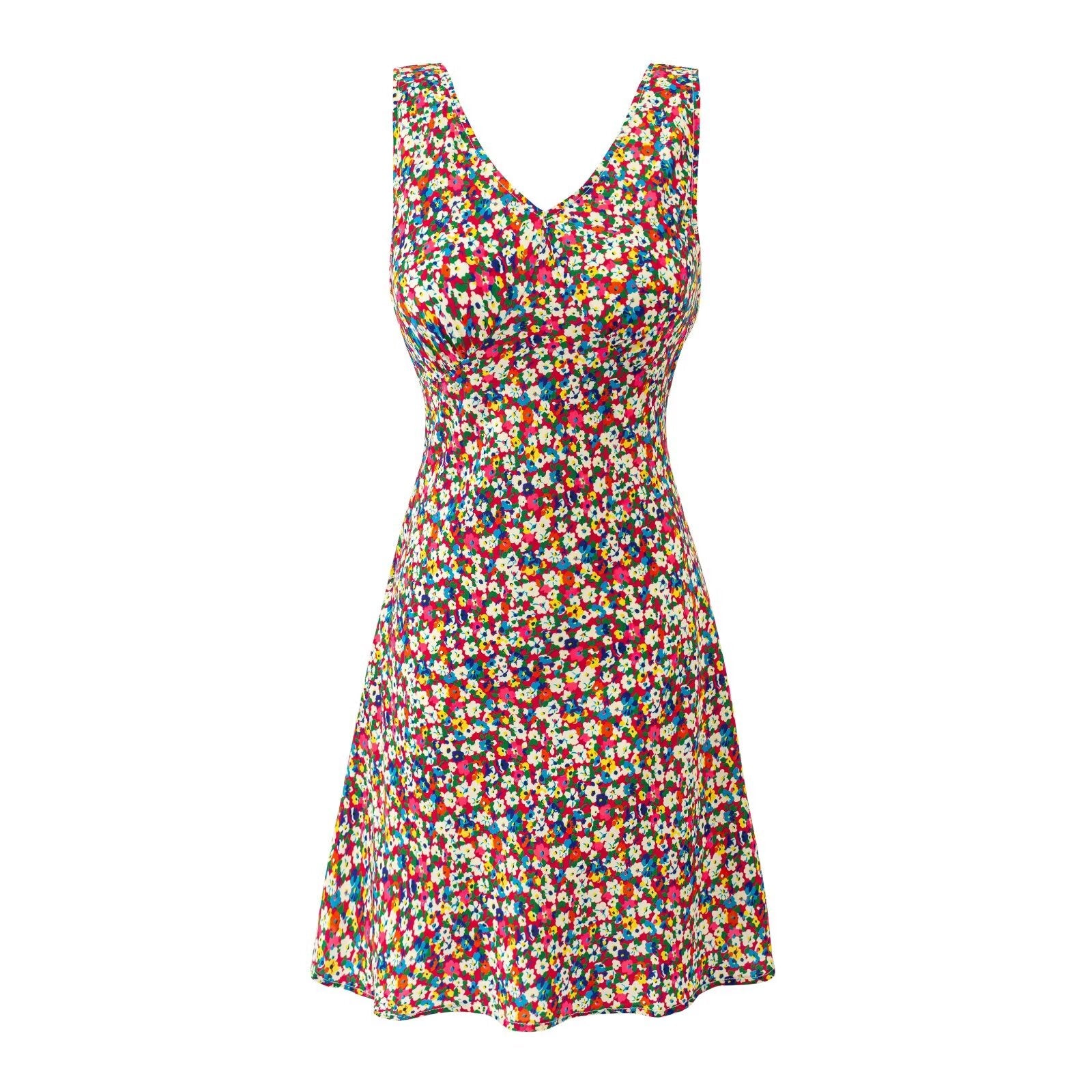 Summer Sweet Spicy Super Beautiful Floral Slim Fitting Slimming Sleeveless V eck Dress Short Dress