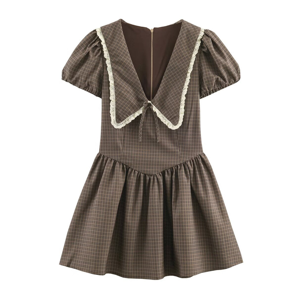 Women Clothing Summer Sweet Cute Anti Aging Plaid Collared Dress