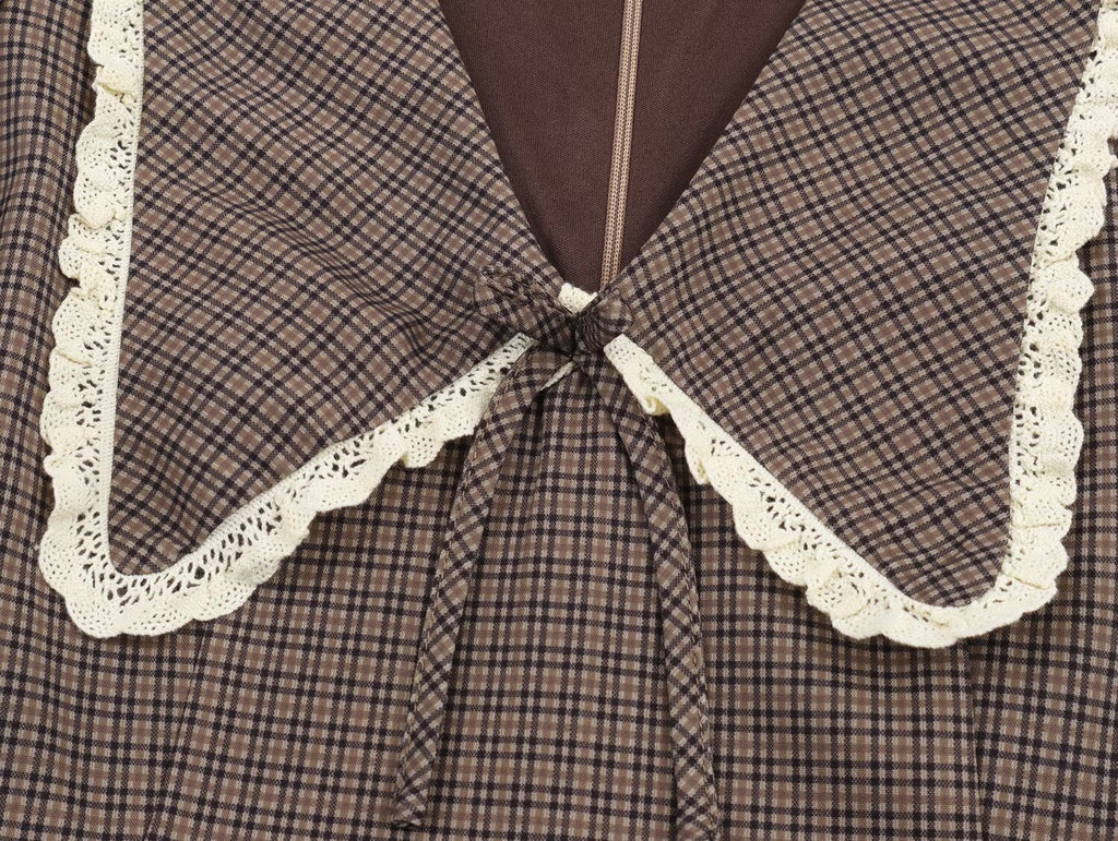 Women Clothing Summer Sweet Cute Anti Aging Plaid Collared Dress