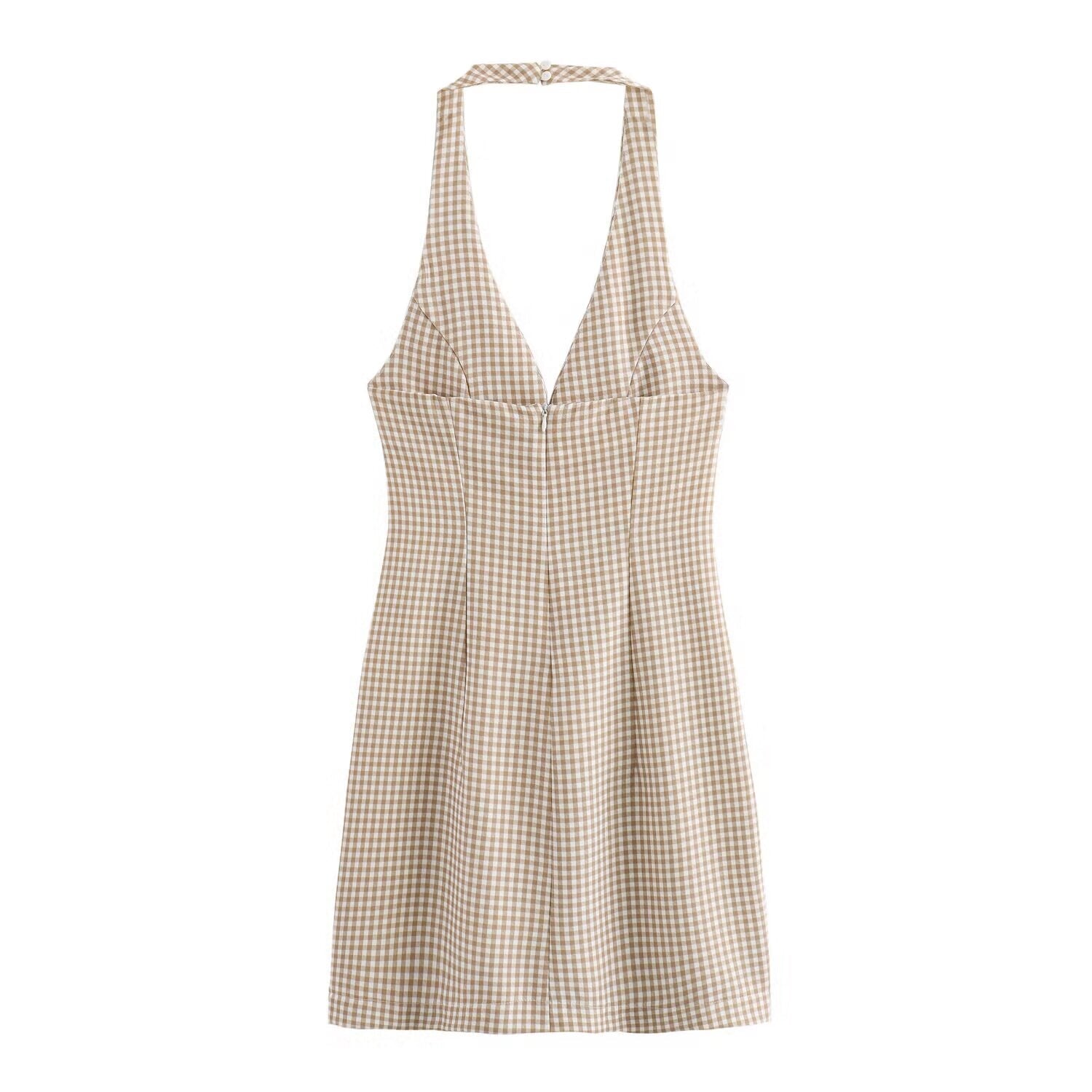 Women Clothing Summer French All Match Retro Spaghetti Straps Small Plaid Dress