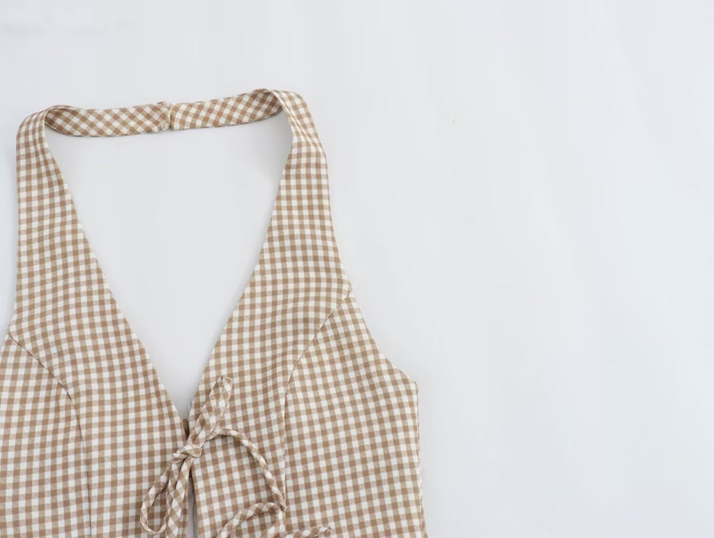 Women Clothing Summer French All Match Retro Spaghetti Straps Small Plaid Dress