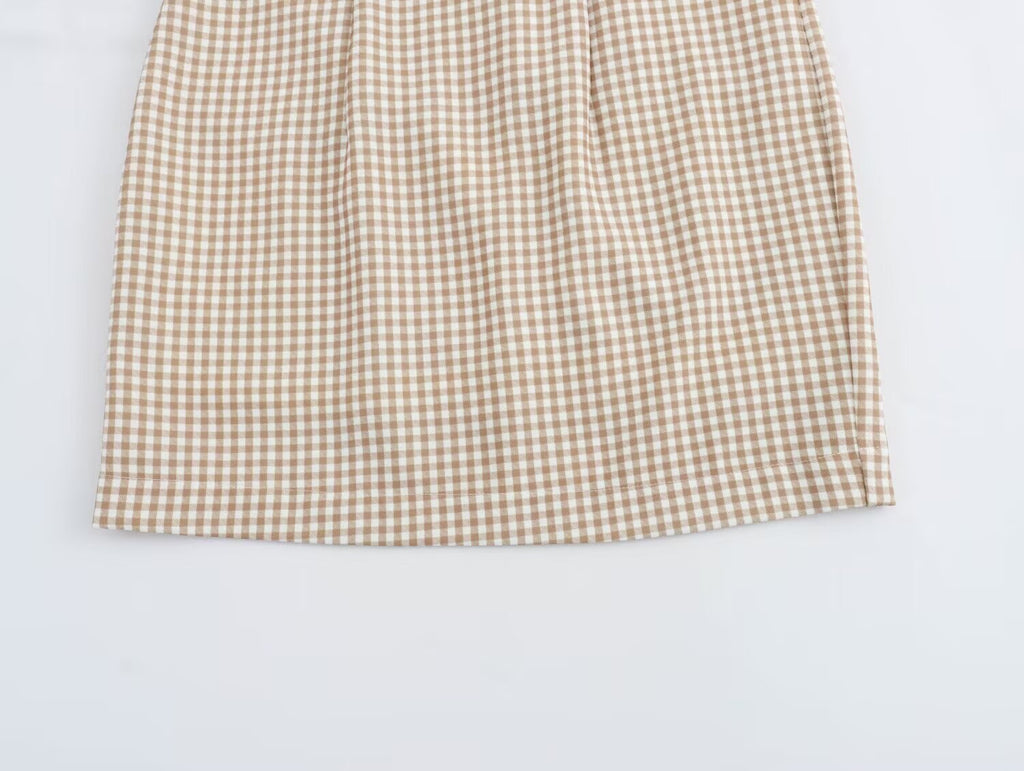 Women Clothing Summer French All Match Retro Spaghetti Straps Small Plaid Dress