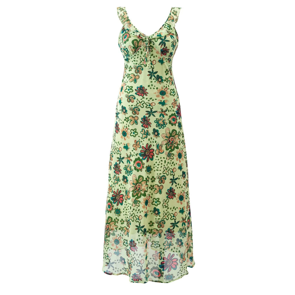 Summer Romantic Retro Fresh Ruffled Printed Dress Slim Slimming V Neckline Dress