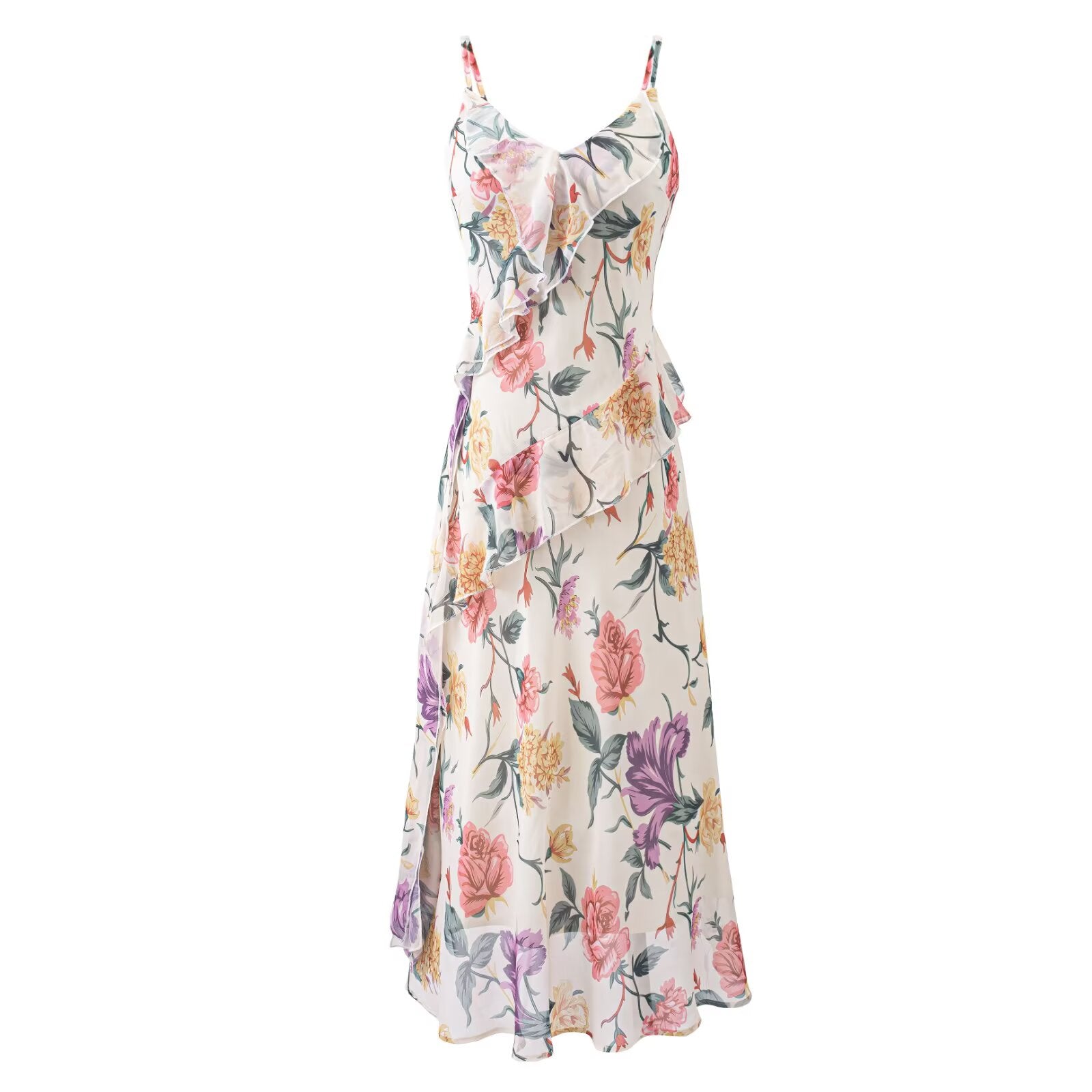 Super Beautiful Gentle Elegance Retro Printed Dress Vacation Ruffled Spaghetti Straps Dress