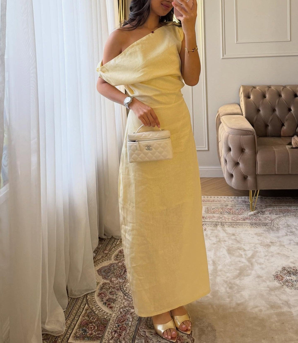 Women Slanted Shoulder One Shoulder Sleeveless Waist Cinching Long Dress