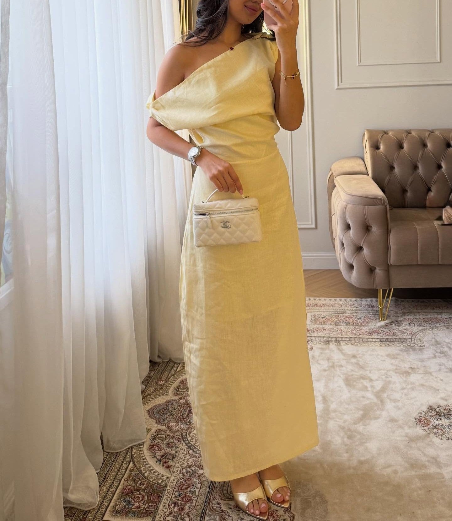 Women Slanted Shoulder One Shoulder Sleeveless Waist Cinching Long Dress