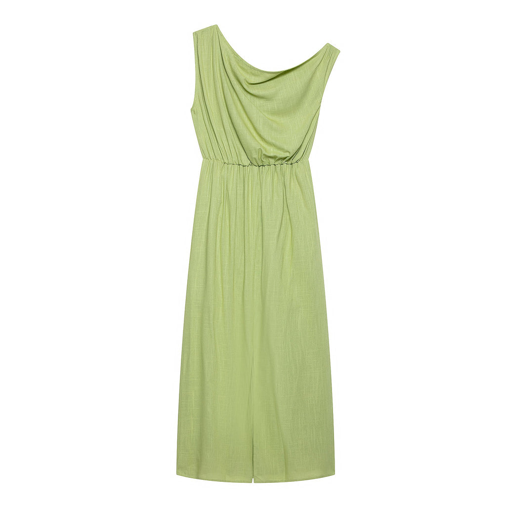 Women Slanted Shoulder One Shoulder Sleeveless Waist Cinching Long Dress