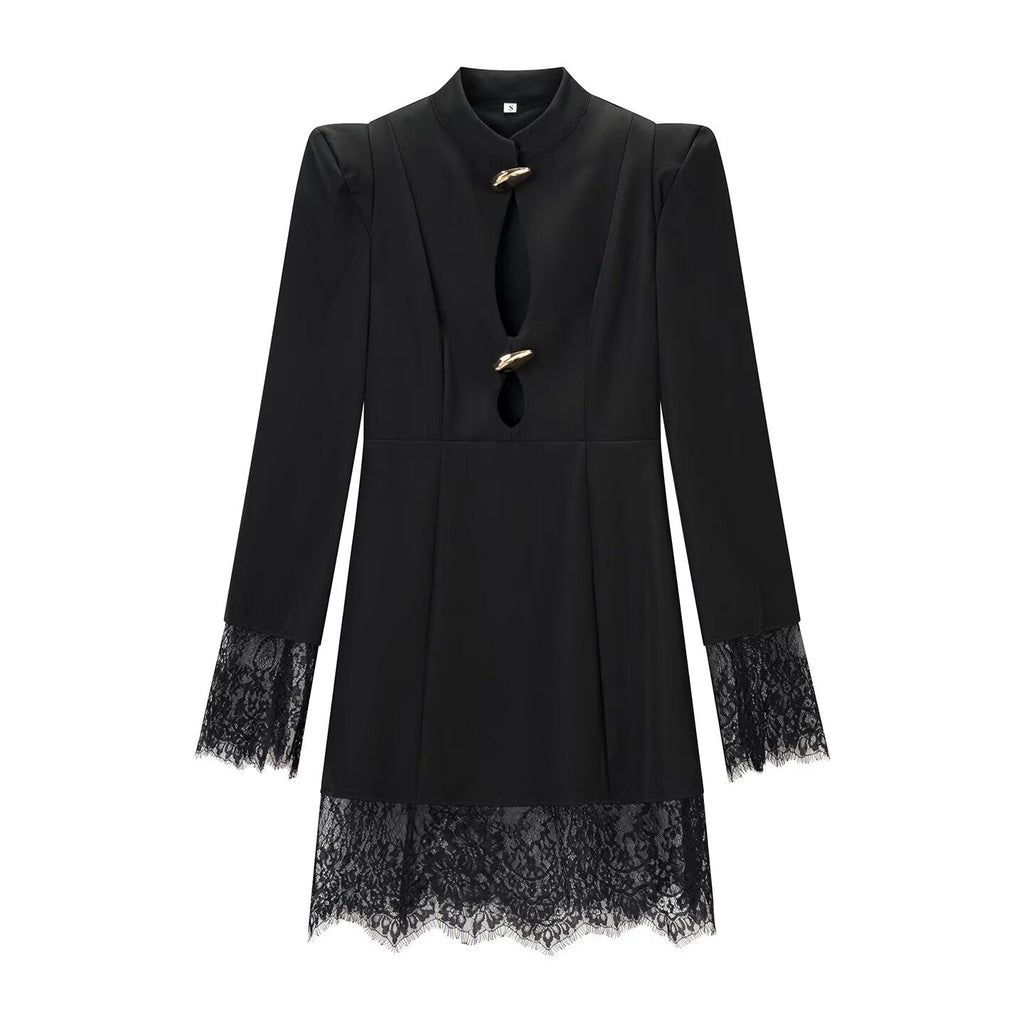 Trendy Hollow Out Cutout Long Sleeve Lace Splicing Dresses
