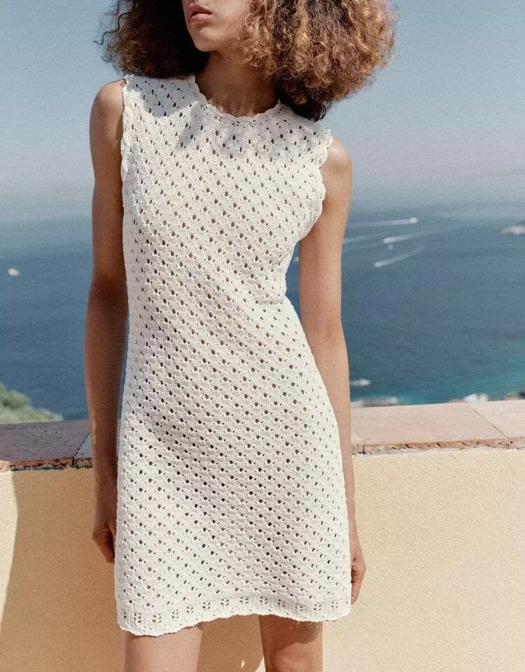 Women Clothing Summer Sleeveless Popular Hollow Out Cutout Knitted Mini Dress