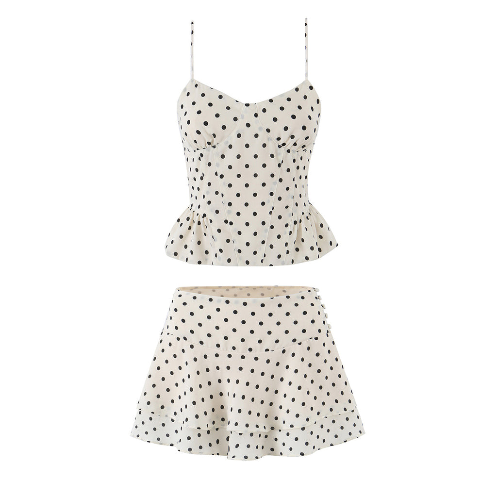 Sexy Polka Dot Brace Top Elegant Slim Fit Bandage Dress Lotus Leaf Skirt Sexy Two Piece Set for Women