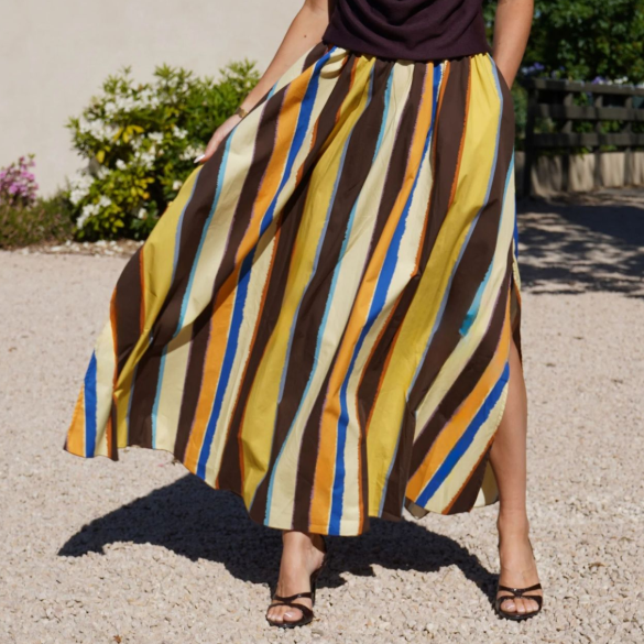 Skirt Color Striped Printing Slit Hemline at Hem Elegant Women Skirt