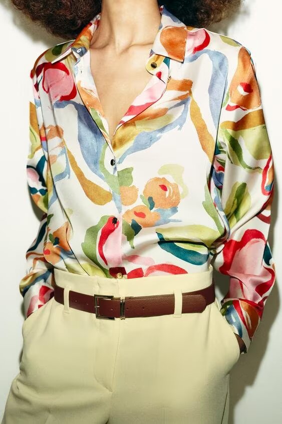 Women Clothing Summer Casual Floral Printed Silk Satin Texture Shirt