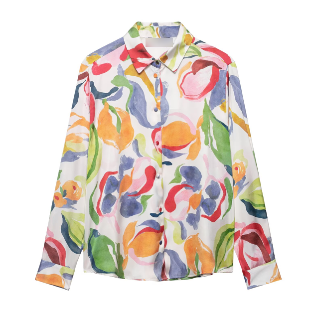 Women Clothing Summer Casual Floral Printed Silk Satin Texture Shirt