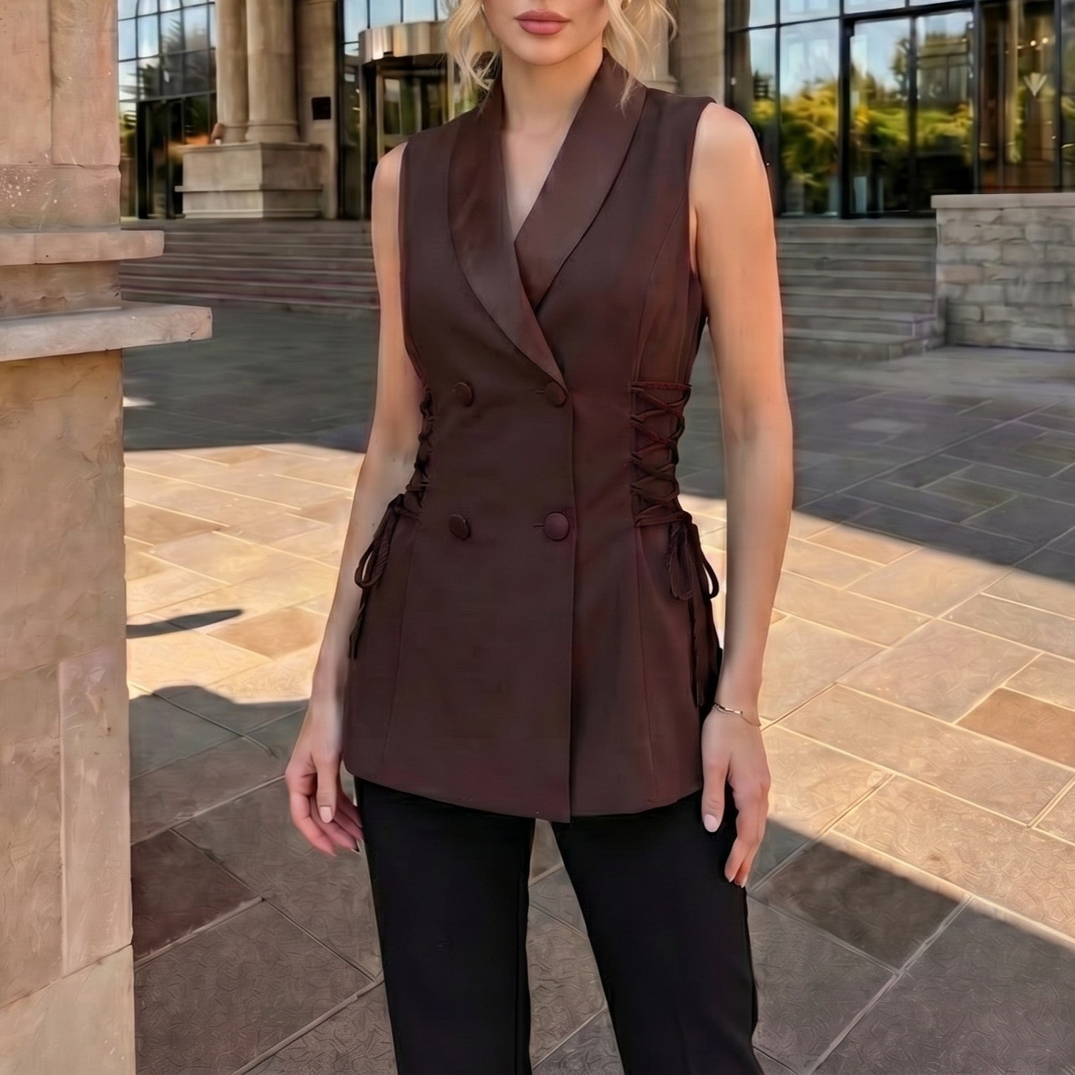Women Clothing Summer Retro Bandage Waist Slimming Double Breasted Vest Jacket